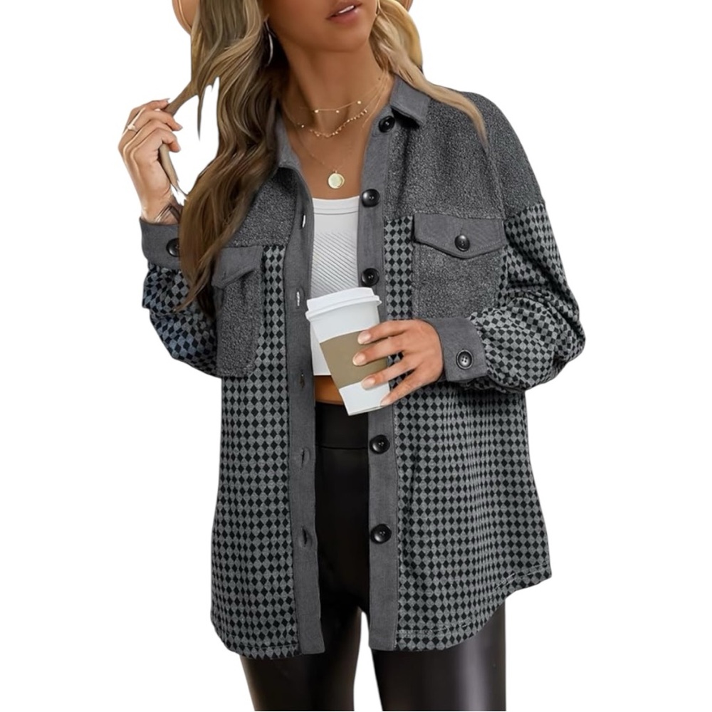 Gray Houndstooth Button-Up Shirt Shacket Size L - image 1